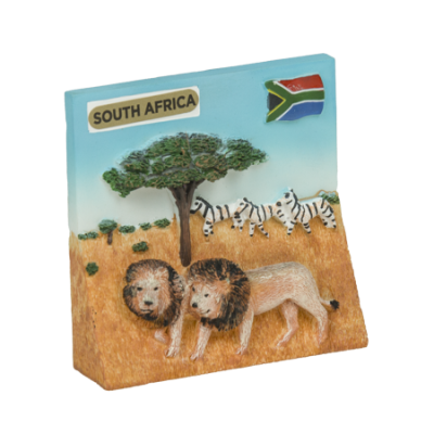 Hand Painted Magnet - 2 Lions with Zebra (SA Flag) - South Africa