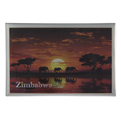 Tin Foil Fridge Magnet - Zimbabwe - 8x5.5cm - Elephant Red Sky