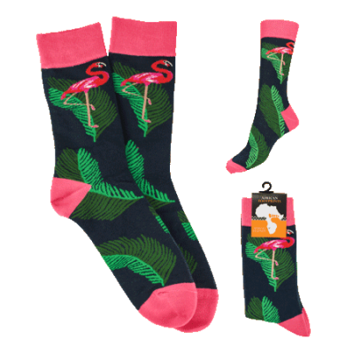 Socks - Flamingo - Green Leaves