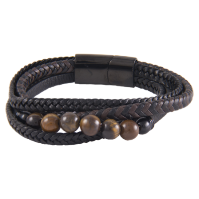 Bracelet-Mens-Tigers Eye-Multi Strap-Black